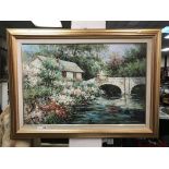 GILT FRAMED IMPRESSIONIST PICTURE - HOUSE ON THE RIVER