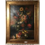 EARLY 19THC SIGNED OIL ON CANVAS - FLOWERS IN A VASE