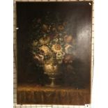 LARGE UNSIGNED OIL ON CANVAS - FLOWERS IN A VASE - 19THC