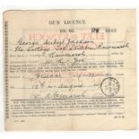 1927 LICENCE TO CARRY AND USE A GUN IN GB WITH ADVERTISING FOR CARTRIDGES ON THE BACK