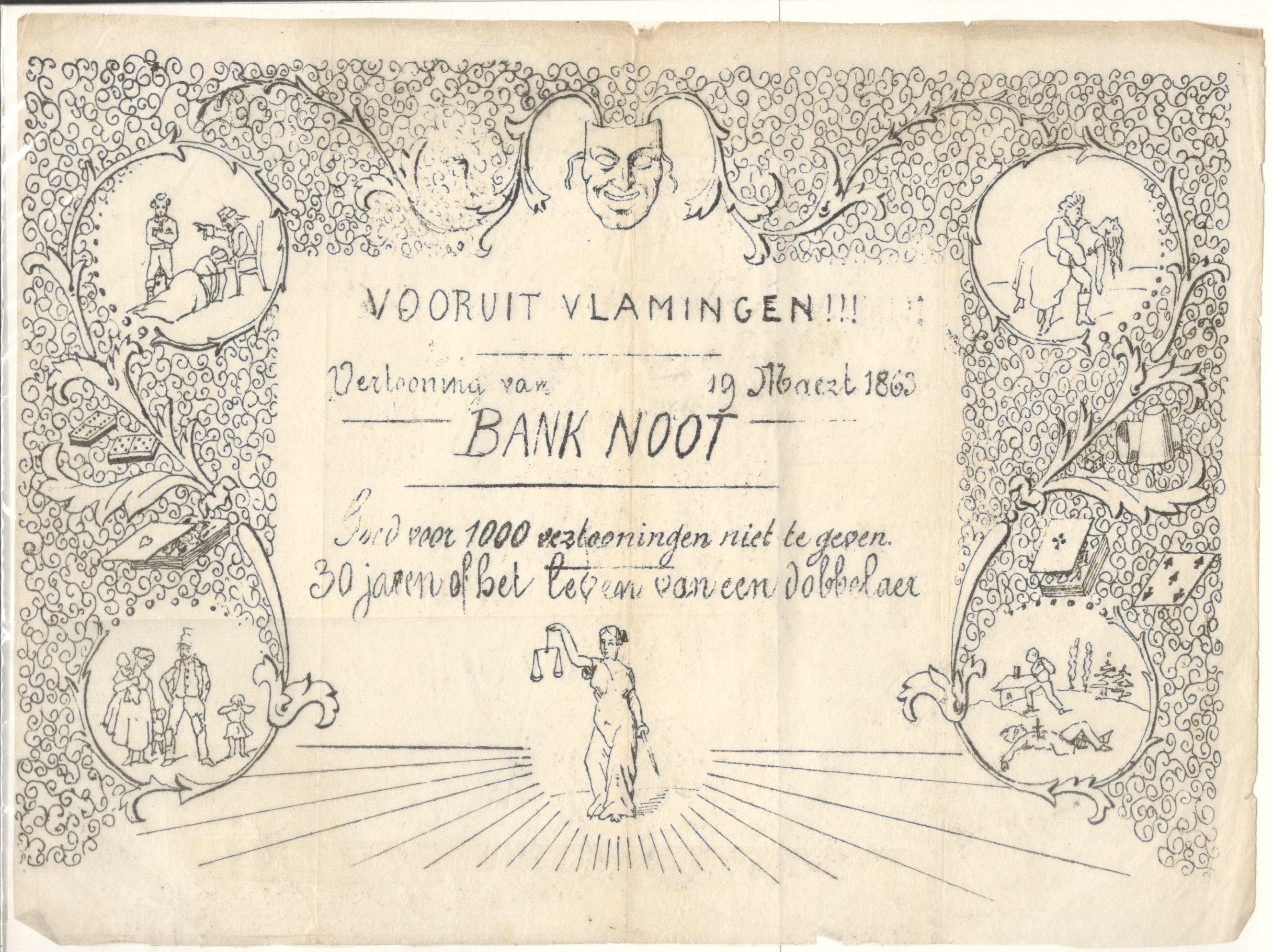 ADVERTISING - SKIT NOTE VOORUIT VLAMINGEN 1863 BANK NOOT IN ACCEPTABLE CONDITION