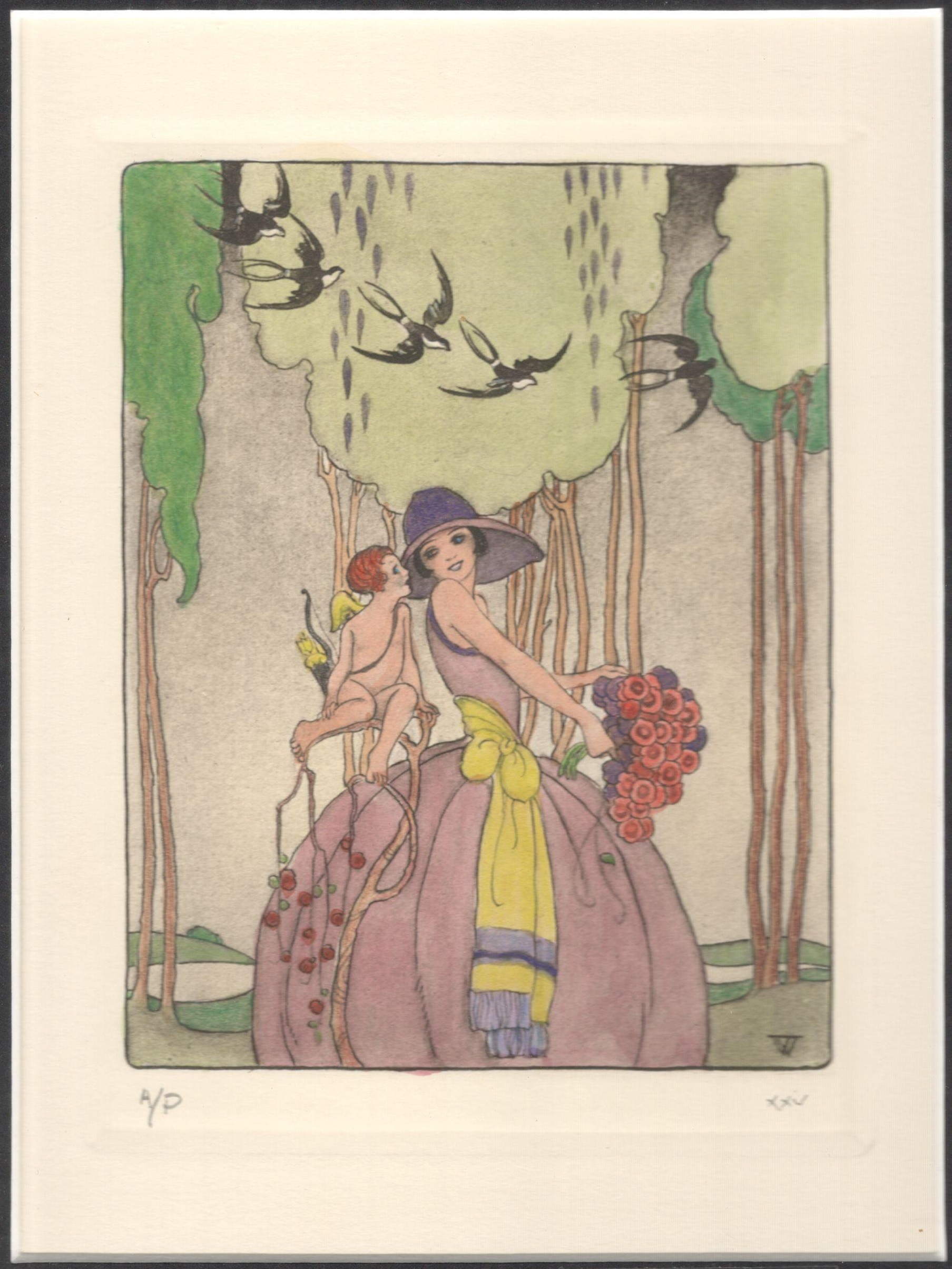 STANLEY WOOLLETT (1882-1932) LES HIRONDELLES HAND-COLOURED ETCHING ON WOVE ca. 1925 ARTIST PROOF - Image 3 of 3