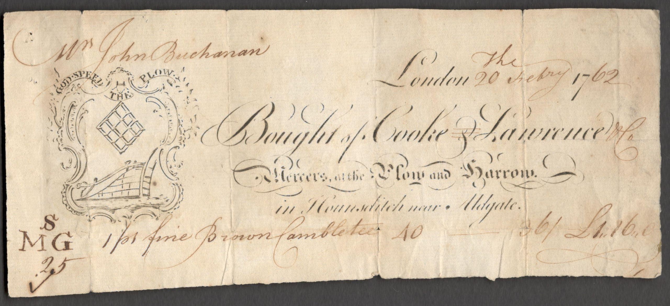 JOHN BUCHANAN LONDON 1762 RECEIPT IN ACCEPTABLE CONDITION