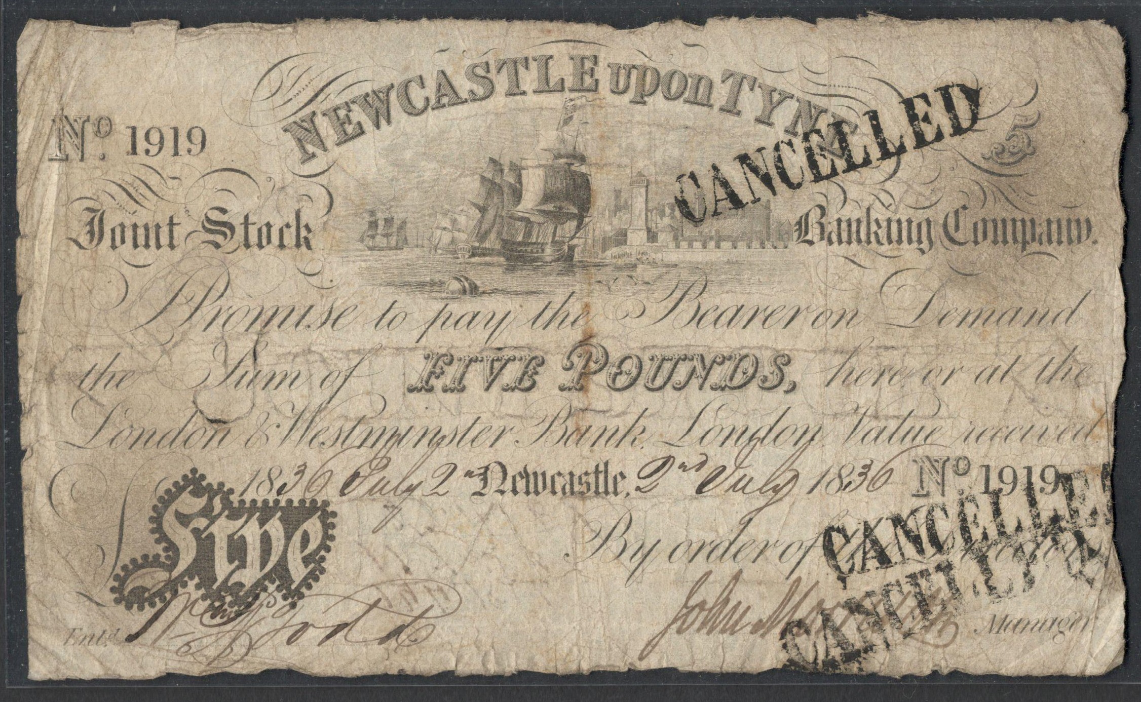 1830 NEWCASTLE UPON TYNE FIVE POUNDS BANKNOTE SN: 1919 CANCELLED