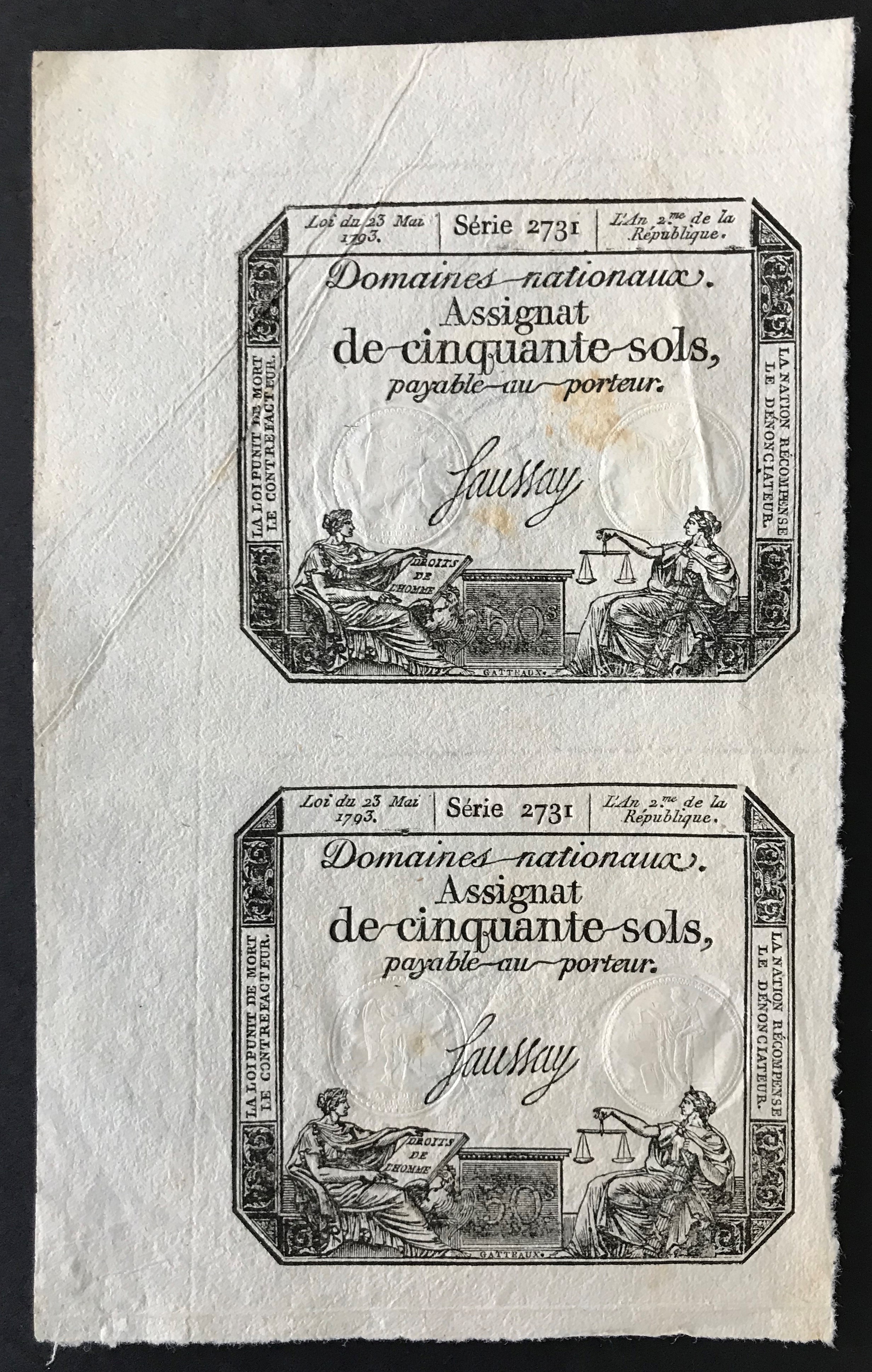 1793 UNCUT PAIR OF FRENCH ANTIQUE ASSIGNAT DE CINQUANTE SOLS SERIE 2731