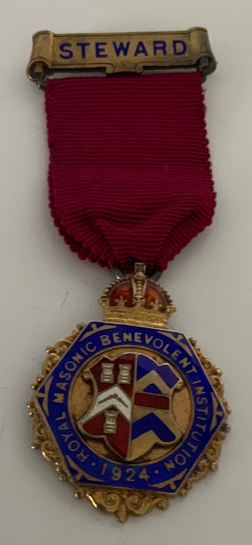 HALLMARKED SILVER MEDAL FOR STEWARD OF ROYAL MASONIC BENEVOLENT INSTITUTION 1924