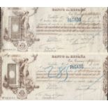 TWO EARLY SPANISH CHEQUES 1892 BANCO DE ESPANA STAMPED AND USED