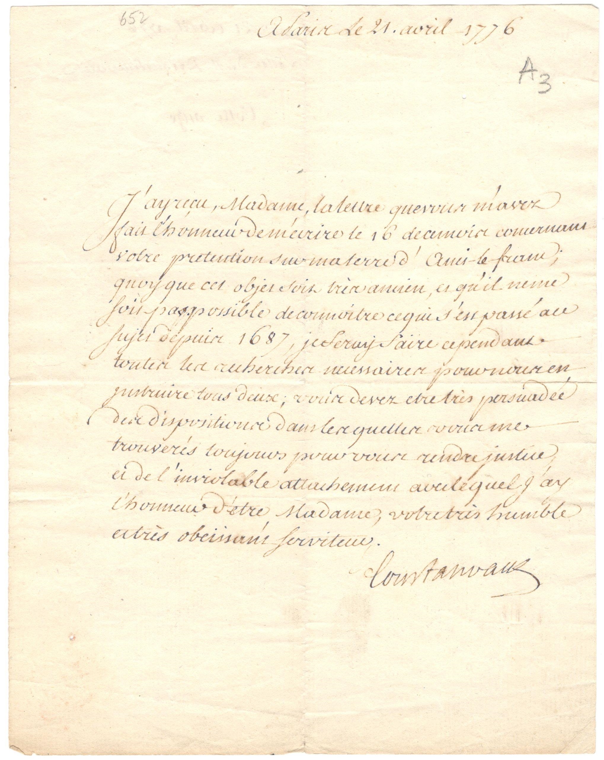 1776 SIGNED LETTER FROM MARQUIS DE COURTANVAUX CONCERNING A LAND BOUNDARY.