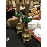 PAIR BRASS & GREEN CUT GLASS LAMP