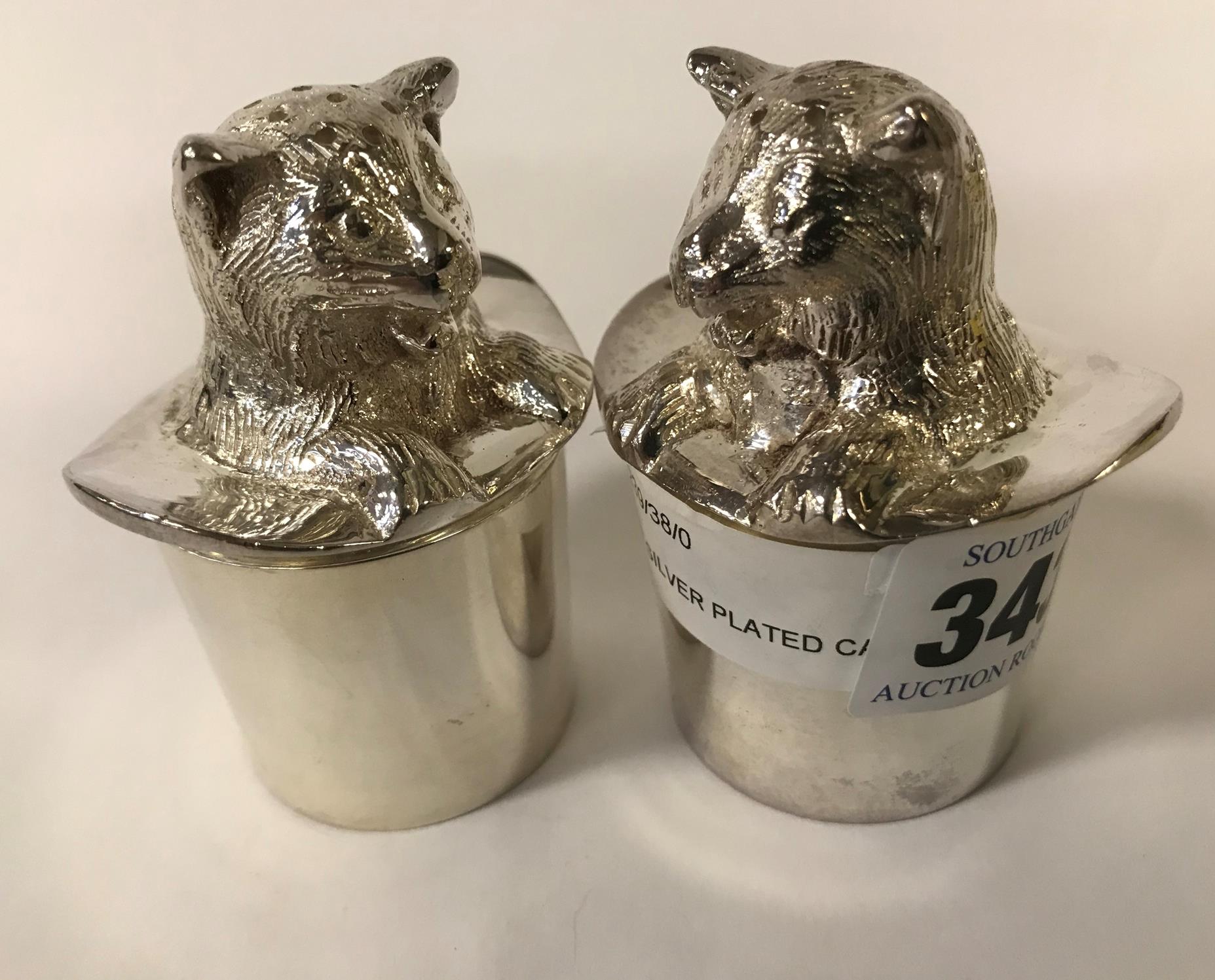 PAIR SILVER PLATED CAT IN HAT SALT & PEPPERS