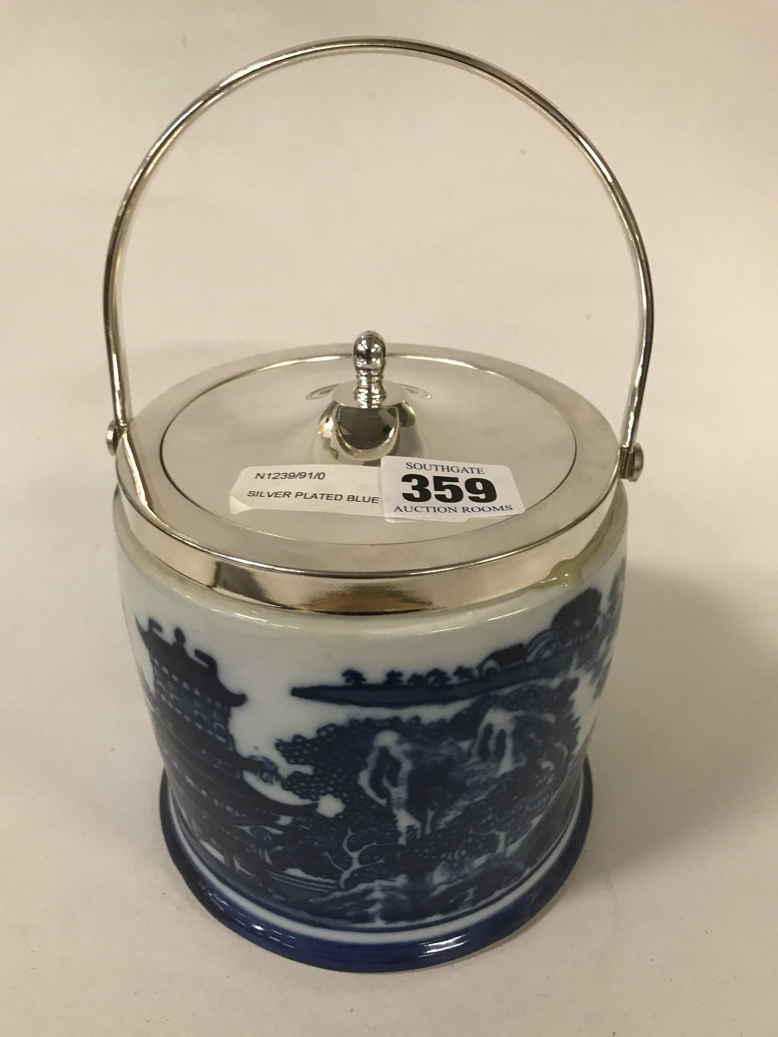 SILVER PLATED BLUE & WHITE PORCELAIN BISCUIT BARREL