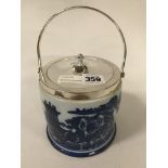 SILVER PLATED BLUE & WHITE PORCELAIN BISCUIT BARREL