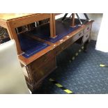 BLUE LEATHER TOP MAHOGANY DESK ON BALL & CLAW FEET
