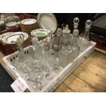COLLECTION OF DECANTERS, CUT GLASS ETC INCL. BABYCHAM GLASSES