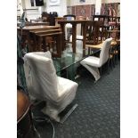 CRYSTAL GLASS TABLE & 4 CREAM & CHROME CHAIRS