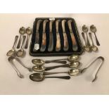 CASED HM SILVER HANDLED KNIFE SET & 9 BRIGHT CUT SPOONS, 5 TEASPOONS & 2 TONGS