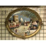 ORNATE OVAL GILT FRAMED OIL ON CANVAS OF STREET SCENE