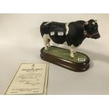 ROYAL WORCESTER PORCELAIN BULL ON STAND WITH CERTIFICATE