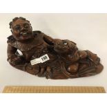 CHINESE CARVED FRUITWOOD RECLINING MAN & FROG