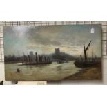 THOMAS HALE SANDERS - OIL ON CANVAS - BUSY THAMES RIVER SCENE - SIGNED & DATED- 58CM X 99CM - GOOD