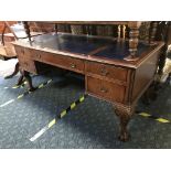 BLUE LEATHER TOP MAHOGANY DESK ON BALL & CLAW FEET