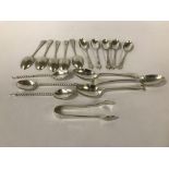 16 SILVER SPOONS & SUGAR TONGS