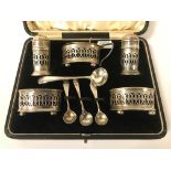 HM SILVER CASED CRUET SET WITH BRISTOL BLUE GLASS LINERS