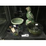 SIGNED ART GLASS BOWL / MURANO BOWL WITH LABEL /COPENHAGEN DISH & MAJOLICA PARROT