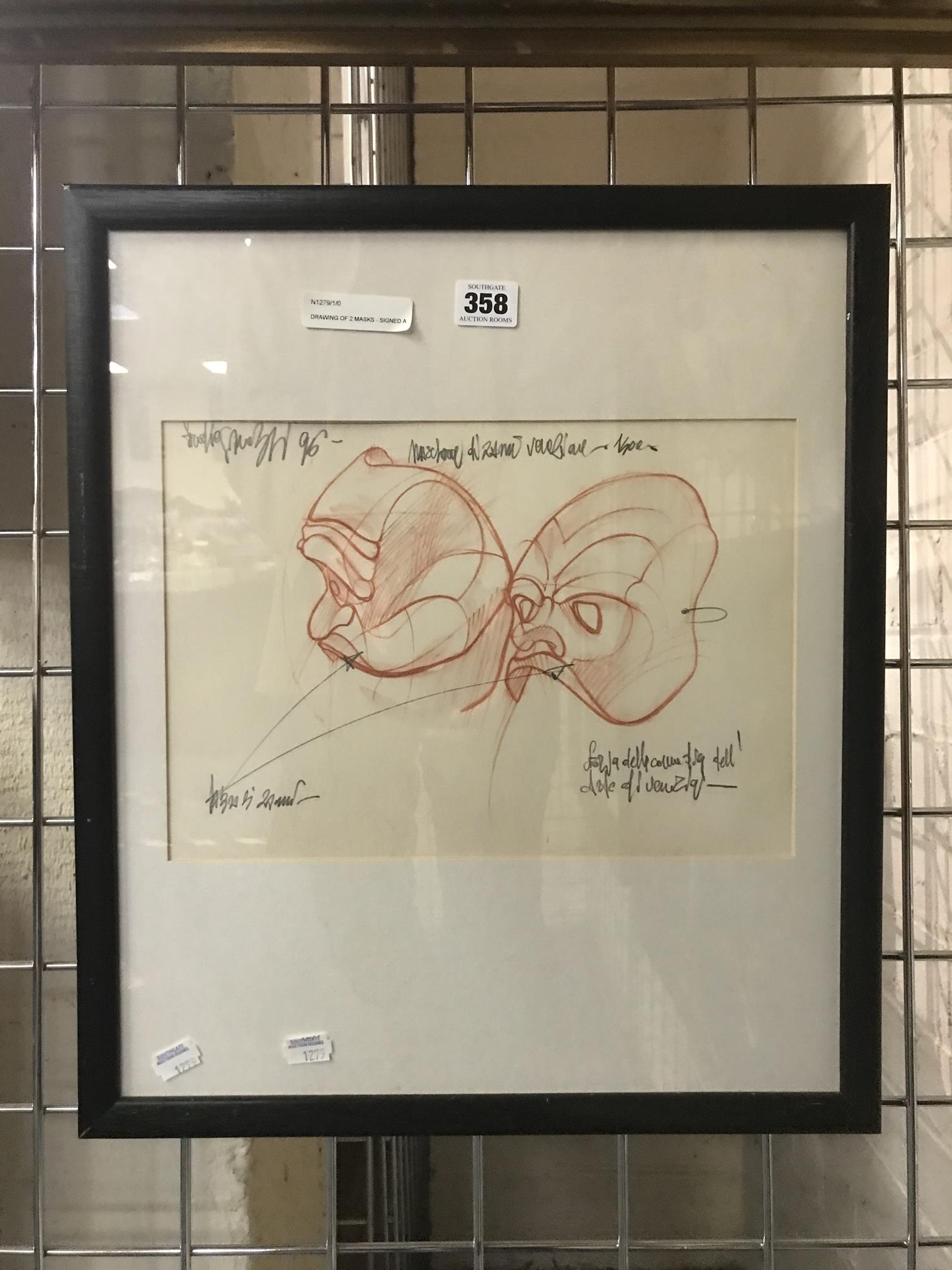 DRAWING OF 2 MASKS - SIGNED ART OF ITALIAN ORIGIN