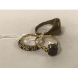 9CT GOLD DIAMOND & RUBY RING, 9CT AMETHYST RING & BASE METAL SIGNET RING