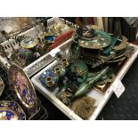 TWO TRAYS OF JEWISH RITUAL ITEMS - MENORA ETC