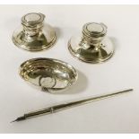 PAIR OF H/M SILVER INKWELLS, H/M SILVER INK PEN & ANOTHER SILVER ITEM