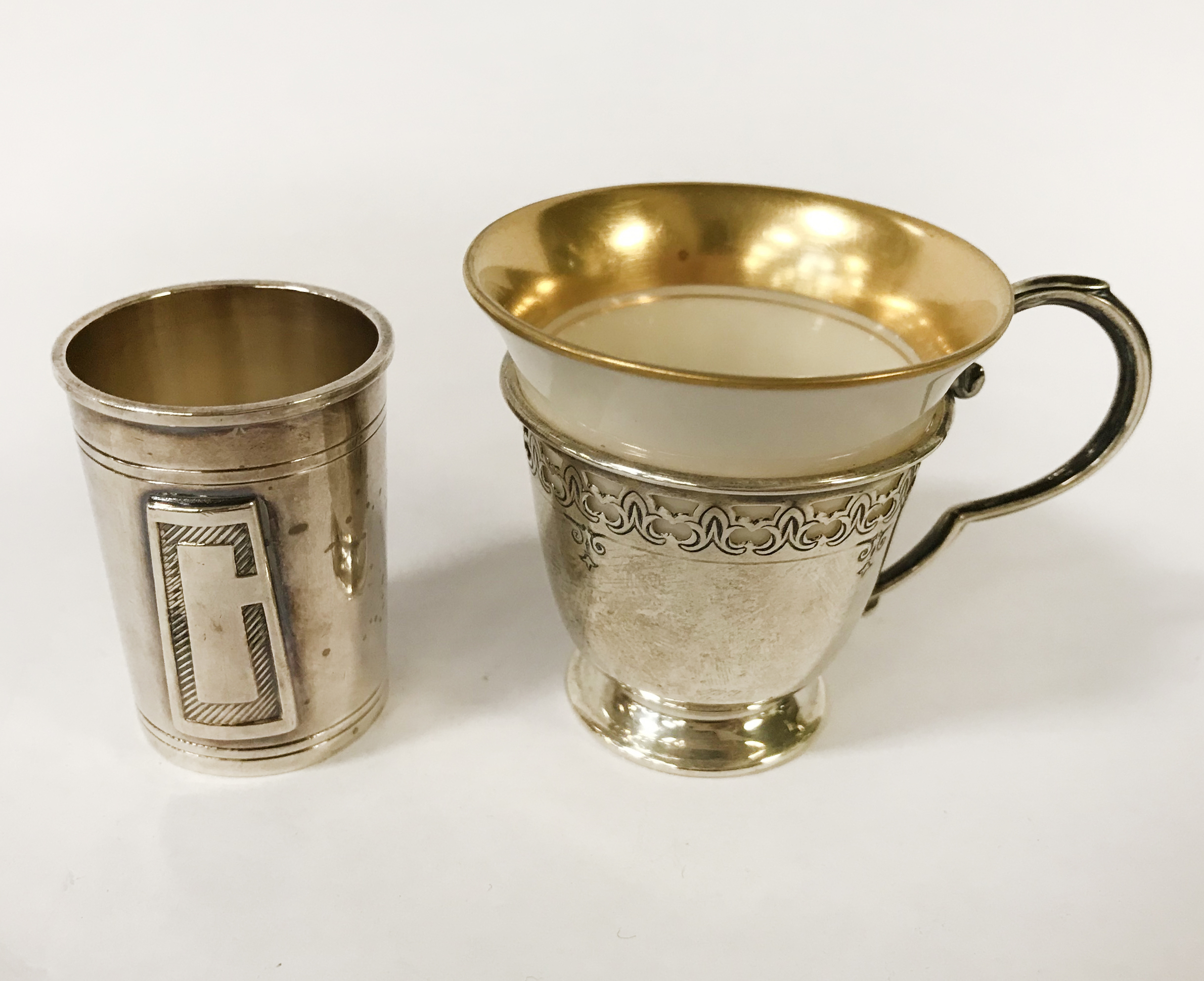 HM SILVER & PORCELAIN CUP & CLARIDGES SILVER PLATE SHOT GLASS