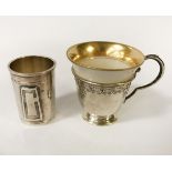 HM SILVER & PORCELAIN CUP & CLARIDGES SILVER PLATE SHOT GLASS