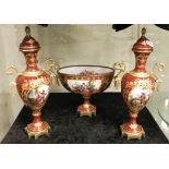 SEVRES ''BIRKS'' PORCELAIN & GILT RAISED BOWL & MATCHING URNS