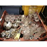 COLLECTION OF CRYSTAL GLASS, 3 PIECE SILVER PLATE TEASET & CUTLERY