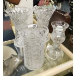 3 LARGE CRYSTAL VASES & 1 TABLE LAMP