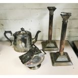 PAIR OF SILVER PLATED CANDLESTICKS & 2 OTHER ITEMS