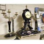 BRASS & PORCELAIN CLOCK GARNITURE