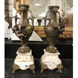 PAIR 19THC SPELTER FIGURAL VASES ON MARBLE BASE