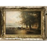 GILT FRAMED OIL ON CANVAS - CATTLE & PEOPLE BY LAKE