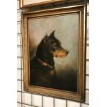 ATTRIBUTED TO MAUD EARL 1864-1943 OIL ON BOARD - PORTRAIT OF A TERRIER - SIGNED WITH INITIALS 30CM X