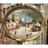 ORNATE OVAL GILT FRAMED OIL ON CANVAS OF STREET SCENE