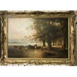 GILT FRAMED OIL ON CANVAS - CATTLE & PEOPLE BY LAKE