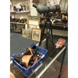 MOUNTED TELESCOPE ON TRIPOD WITH BINOCULARS & GOOD SHOOTING STICKS, ALSO A HIP FLASK