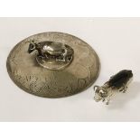 SILVER TOP POT DEPICTING A COW WITH A SILVER BULL PIN CUSHION