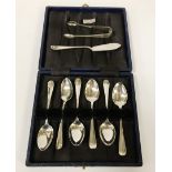 CASED HM SILVER SPOONS, TONGS & BUTTER SPOONS