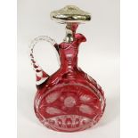 SILVER TOP & RUBY CUT GLASS DECANTER