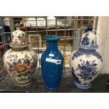 TWO GINGER JARS & A BLUE ORIENTAL VASE