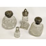 THREE HM SILVER TOPPED SCENT FLASKS